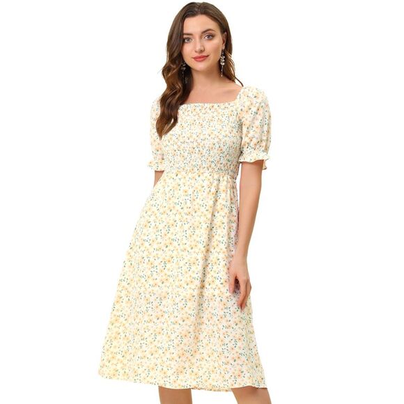 Square Neck Puff Sleeves Midi Smocked Floral Dress Orange - Picture 1 of 5